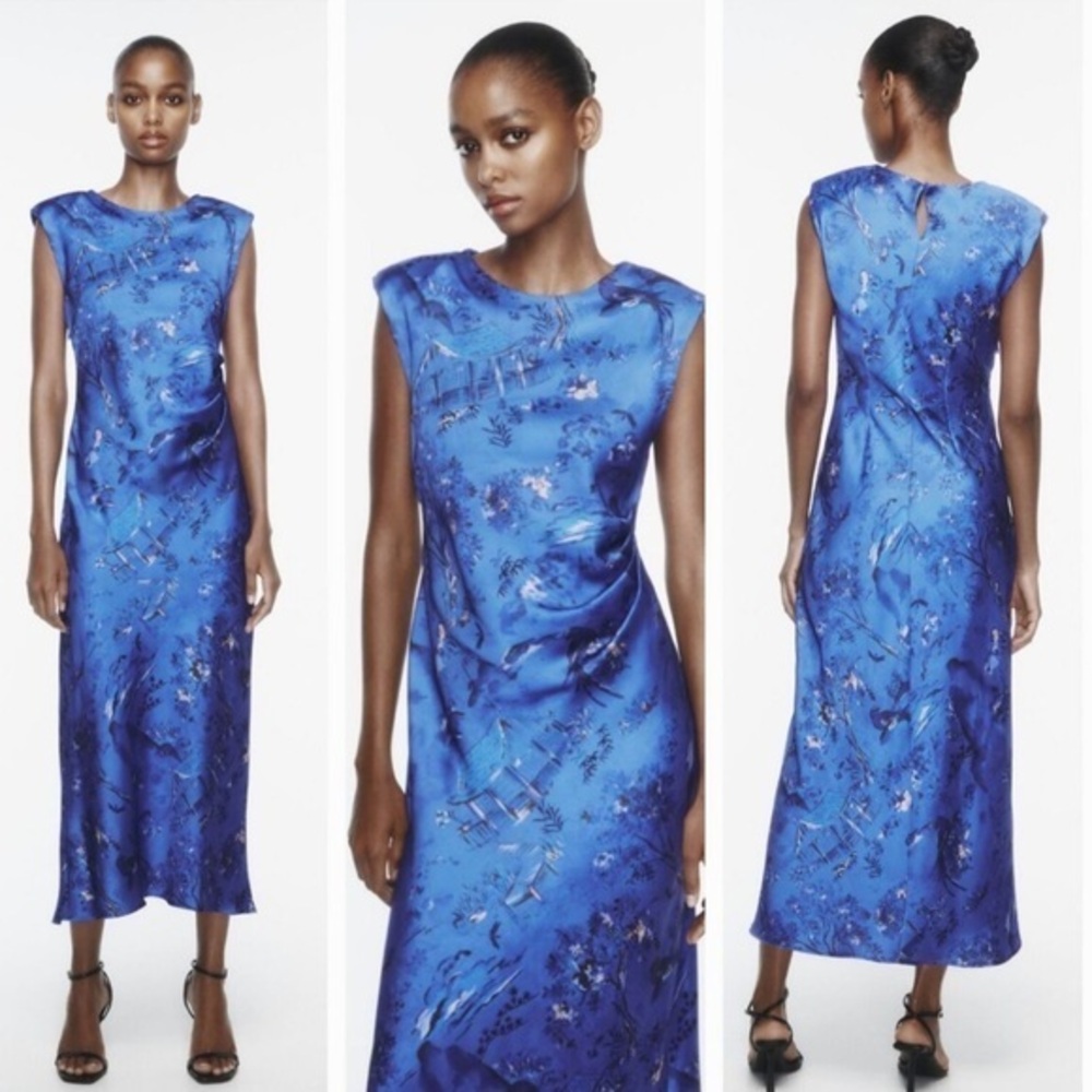 New w/ Tags Zara Blue Floral Satin Dress